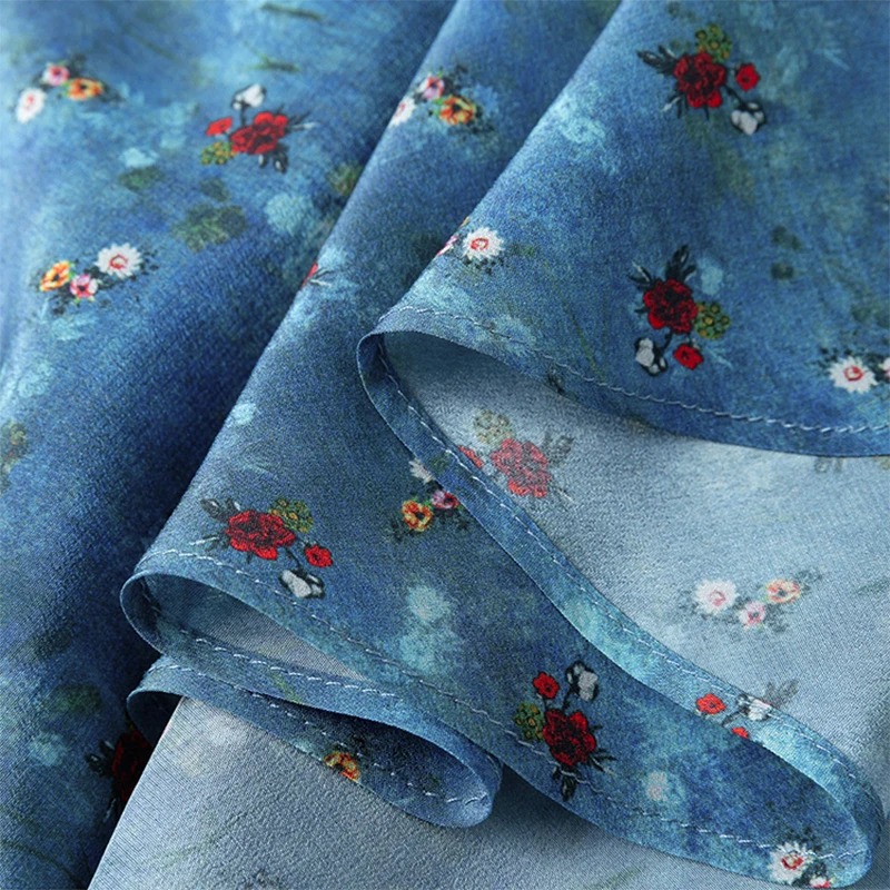 Robe mi-longue en soie pour femmes, 100% soie de mûrier, bleu foncé, petit imprimé Floral, manches courtes, Type queue de poisson, robe longue, M1428