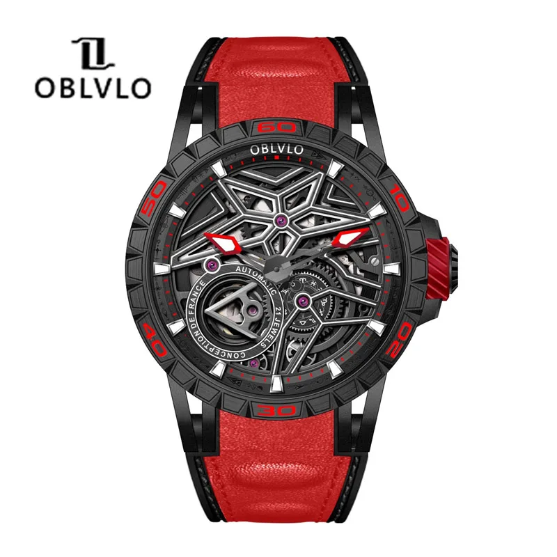 OBLVLO New Cyber Steampunk Mechanical Watches For Men Black Automatic Self-Wind Watches Rubber Strap Super Luminous Watch