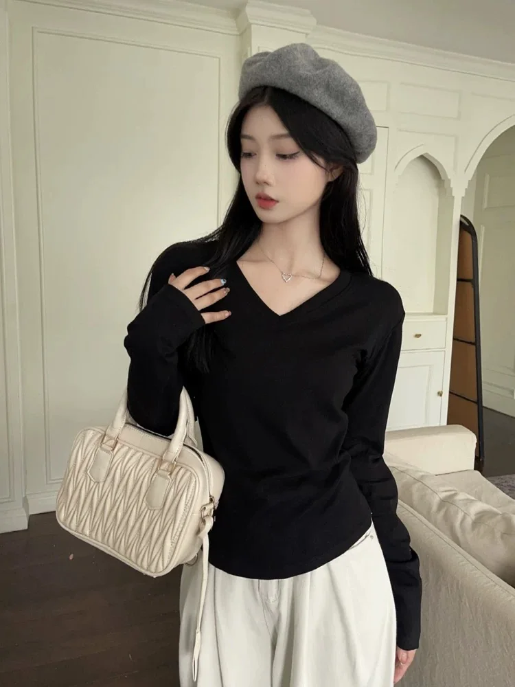 Women's Long Sleeve V-Neck T-Shirt 95 Cotton plus Size Slim Fit Versatile Base Layer Shirt Shoulder Width Appropriate Top