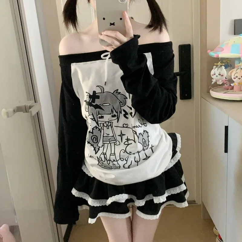 

Spring New Sweet Cute Anime Print Off-shoulder Drawstring Color-block Long-sleeve T-shirt College Style Kawaii Top for Women