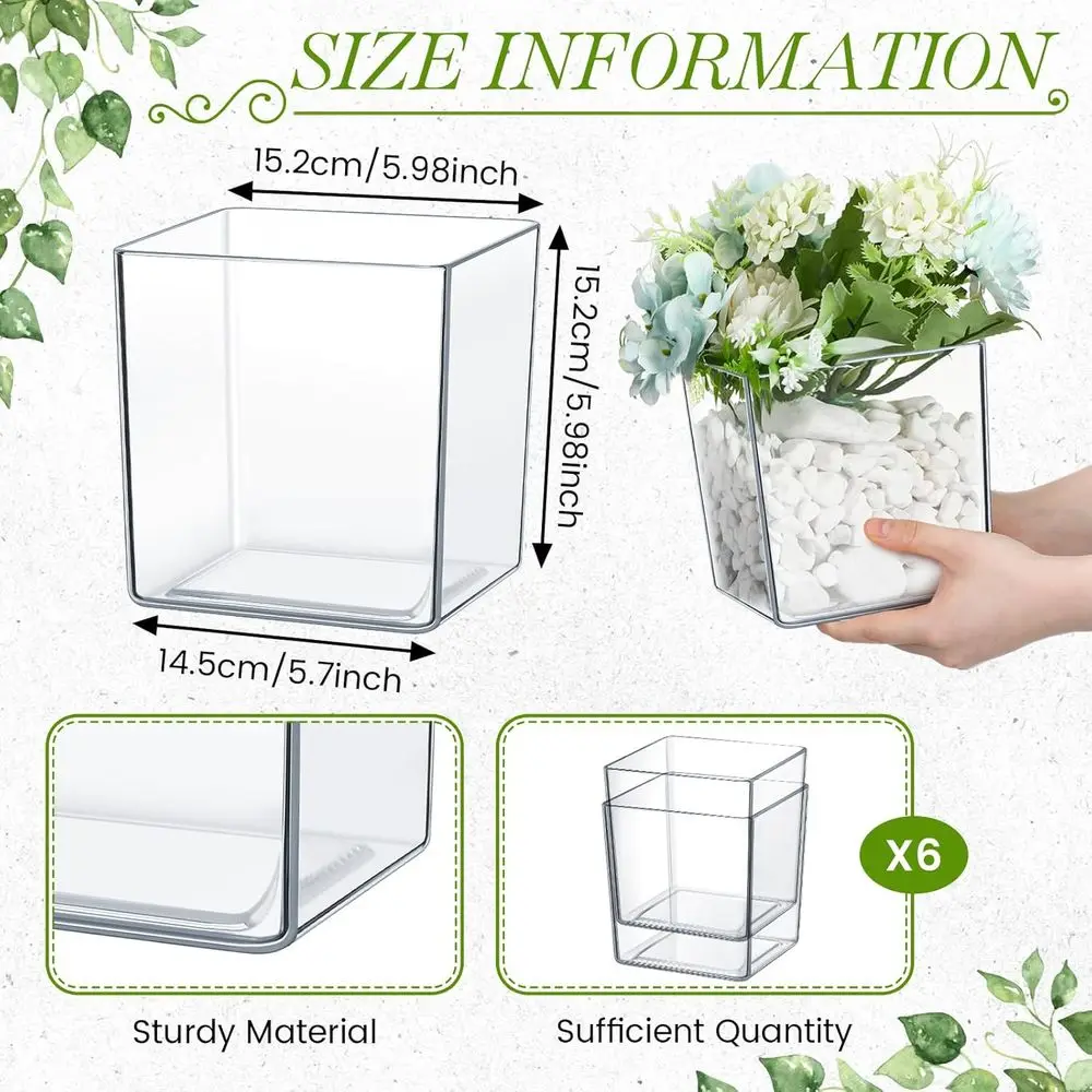 6 Pieces 6 x 6 Acrylic Square Vases Clear Plastic Vase Cube Bulk Wedding Centerpieces Home Office Plant Succulent Pots Planters