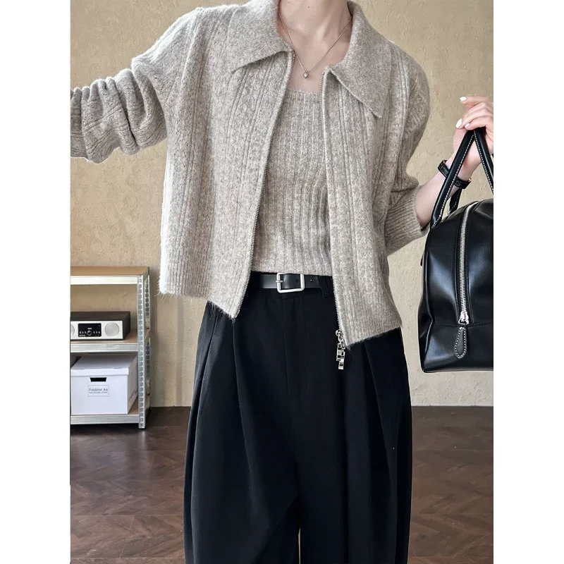 Red Knitted Long Sleeve Suit Women 2024 Autumn Winter New Zipper Coat+ Suspender Vest Fashion Casual Two-piece Set Cardigan