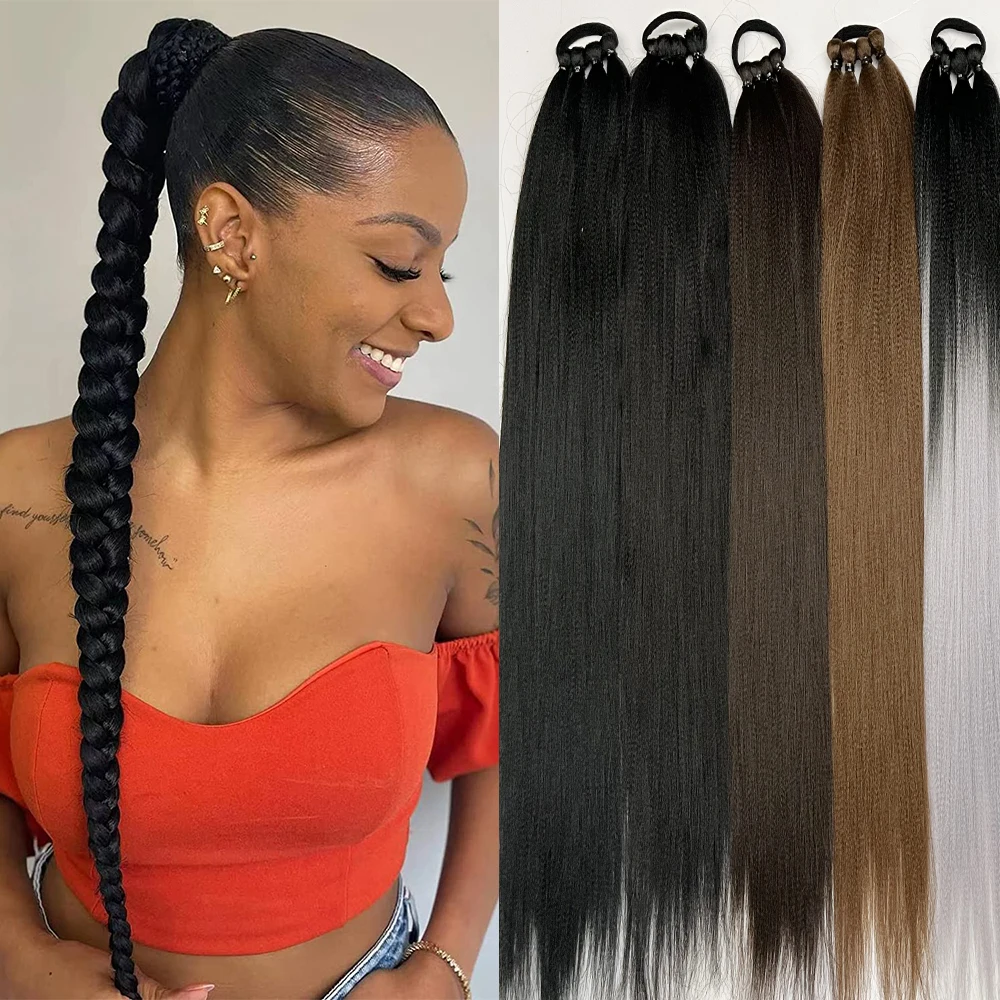 Synthetic Ponytail Extensions Boxing Braids Wrap Around Chignon Tail With Rubber Band Hair Ring 26 Inch Brown Black Ombre Braid