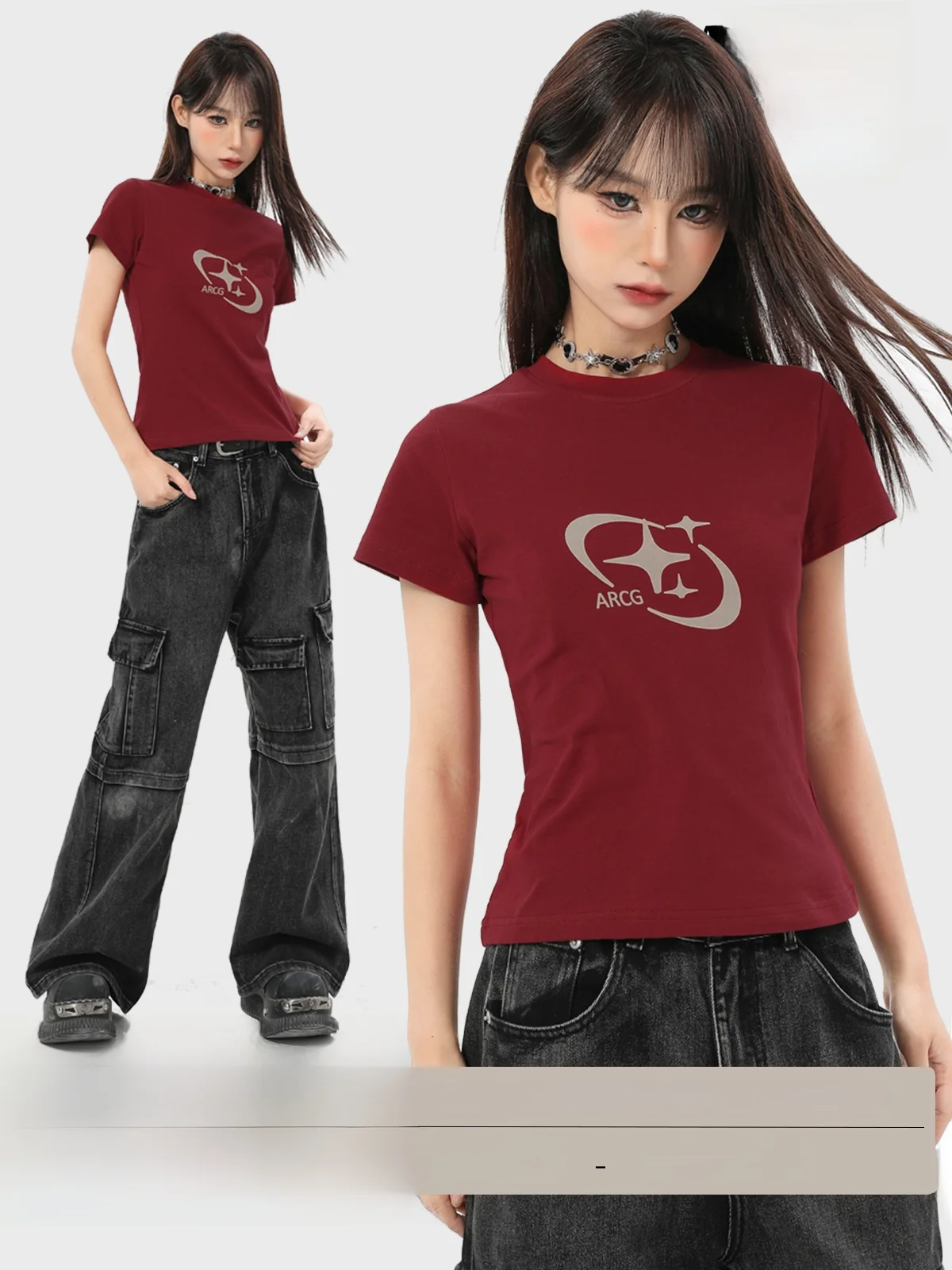 Cseta Fena de Manga Curta Estilo Americano Vermelha, Tamanho  Retro, Ajuste Slim, Top de Moda Verão para Garotas