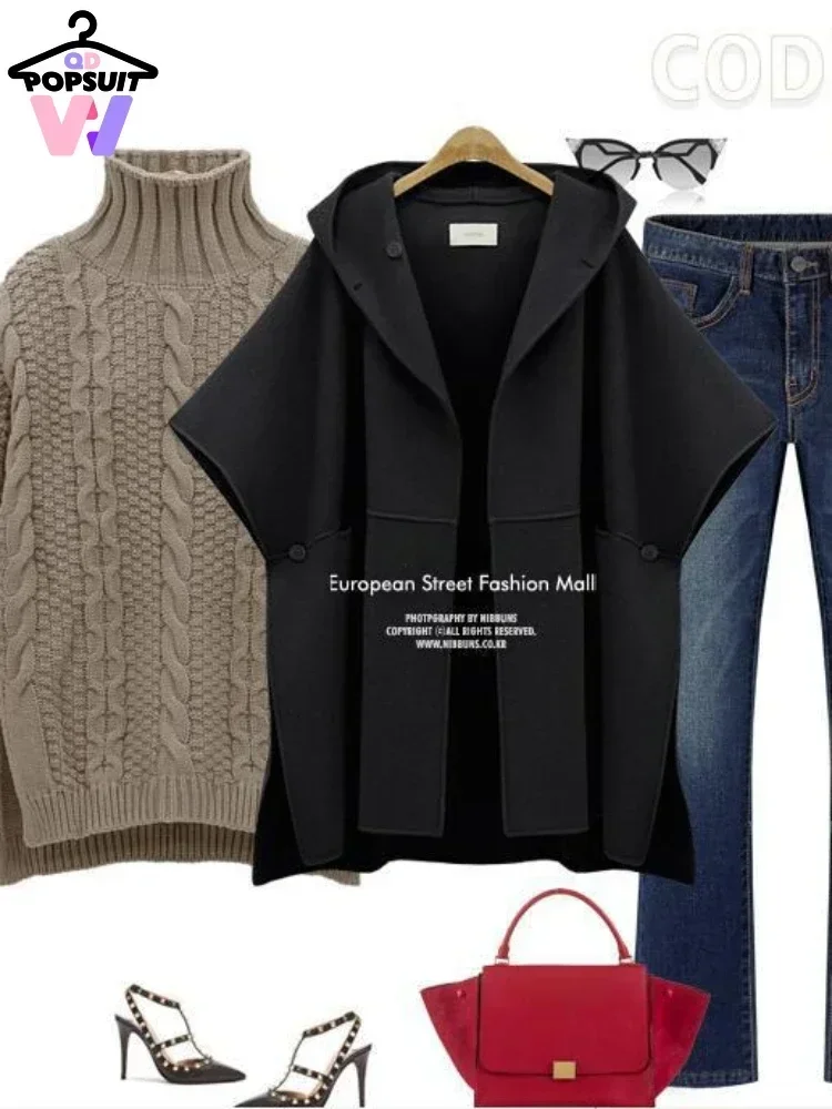 New in Cape Loose Cardigan Outwear Cloak Coats Korean Casual Solid Hooded Wool-like Jackets Pockets Street Wearing Women Wraps