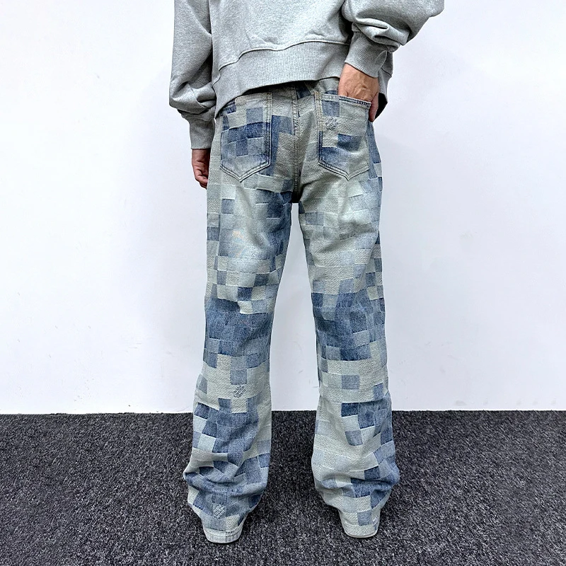 PFNW Plaid Patchwork Design Male Vintage Jeans Autumn High Street Trendy Loose Straight Leg Pants Casual Denim Trousers 28W4376