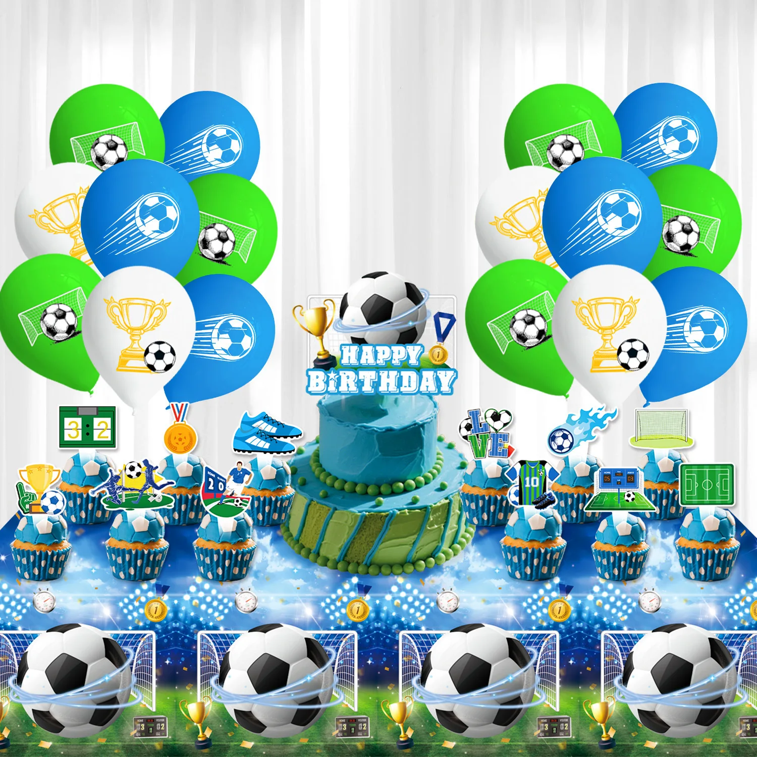 Kit de Décoration et Fournitures pour Fête d'Anniversaire Thème Football Bleu pour Garçon : Assiettes, Gobelets et Serviettes