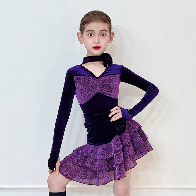 

Пурпурное бархатное платье для латинских танцев для девочек, костюм для выступлений, детская одежда для занятий танцами ча-ча-румба, платье для выступлений DNV25606