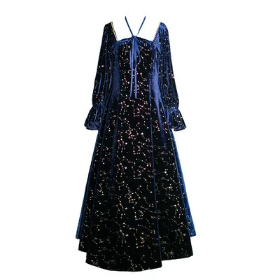 Autumn Winter Long Dress Square Collar Navy Blue Sequined Stars Ribbon Party Dress Flare Sleeve Elegant Midi Dresses For Women