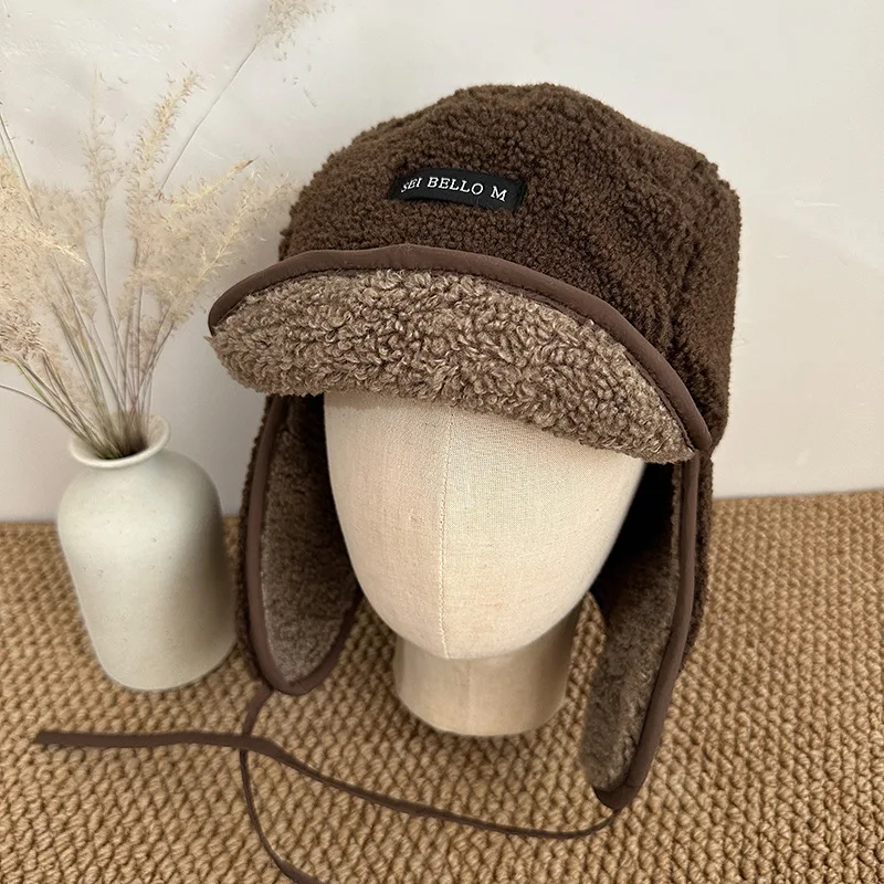 Koreanische Damen-Trapper-Mütze aus Kunstlammfell, warme Bomber-Mütze mit Ohrenklappen, winddicht, wendbarer Schirm, Wintermütze für kaltes Wetter, Outdoor-Mütze – Detail 6