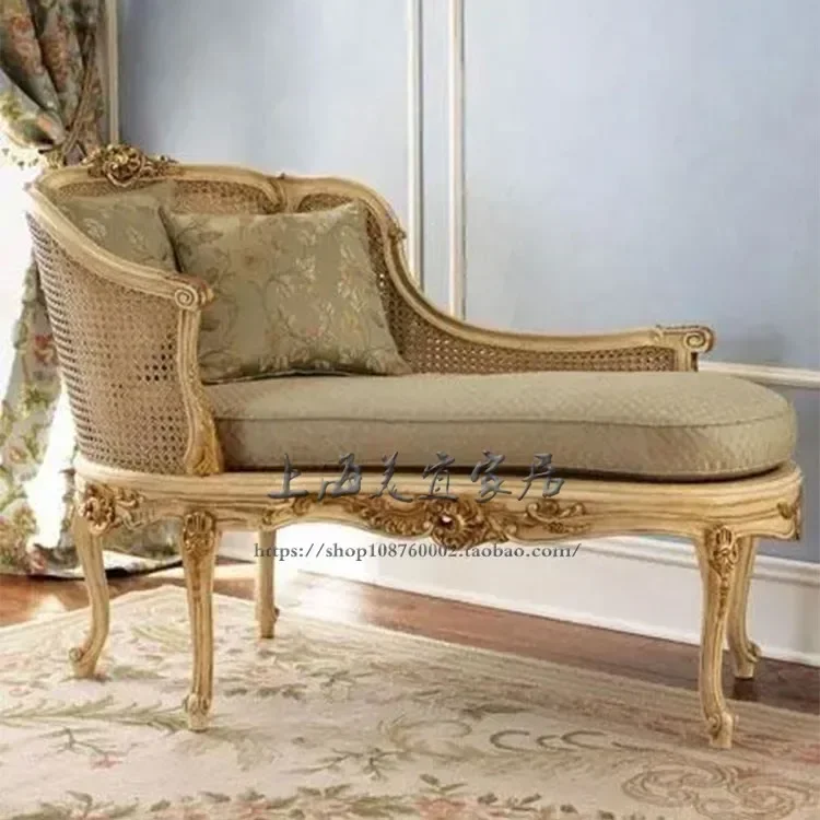 

Modern American Style Solid Wood Chaise Longue Vintage Engraving Rattan Sofa Recliner French Living Room Balcony Leisure Lazy