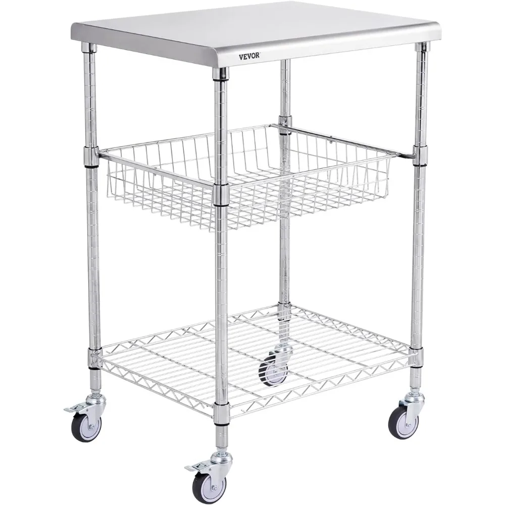 

Kitchen Utility Cart, 36.6x20x24 3 Tiers Wire Rolling Cart, 470LBS Capacity Steel Service Cart with Brake Wheels, Storage