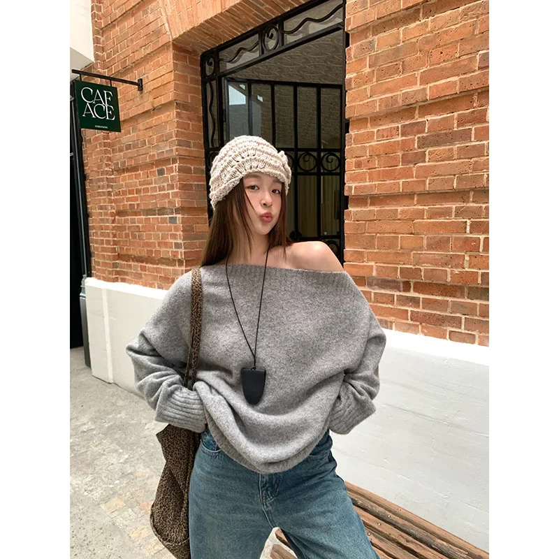 

2025 повседневные женские свитера в ленивом стиле, женский свитер с наклонными плечами и макаронами