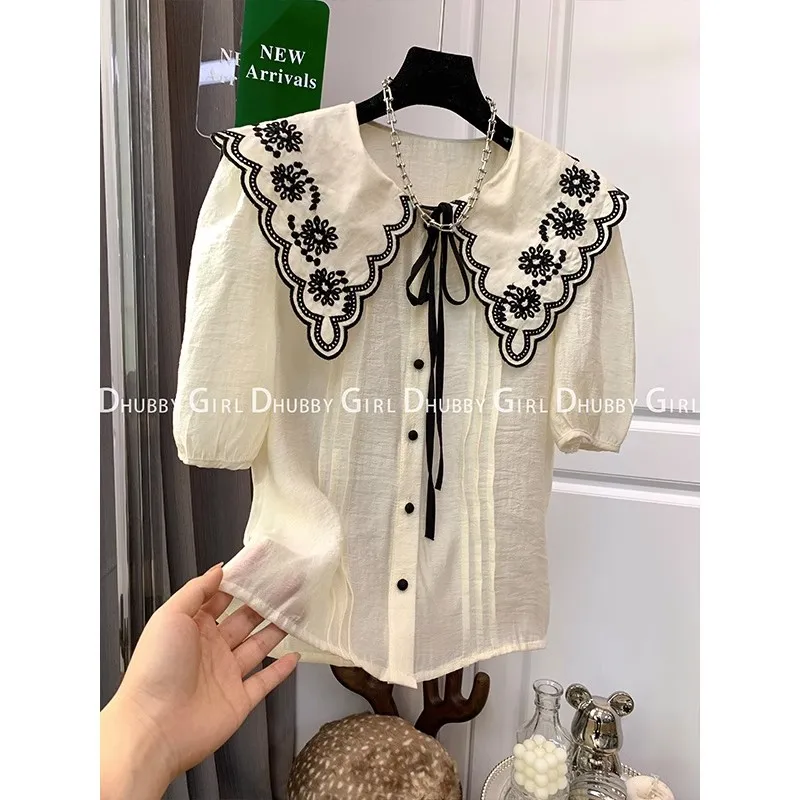 

Korean Chic Gentle Blusa Women Temperament Age-Reducing Blouse 2023 Summer Peter Pan Collar Embroidered Sweet Loose Shirt