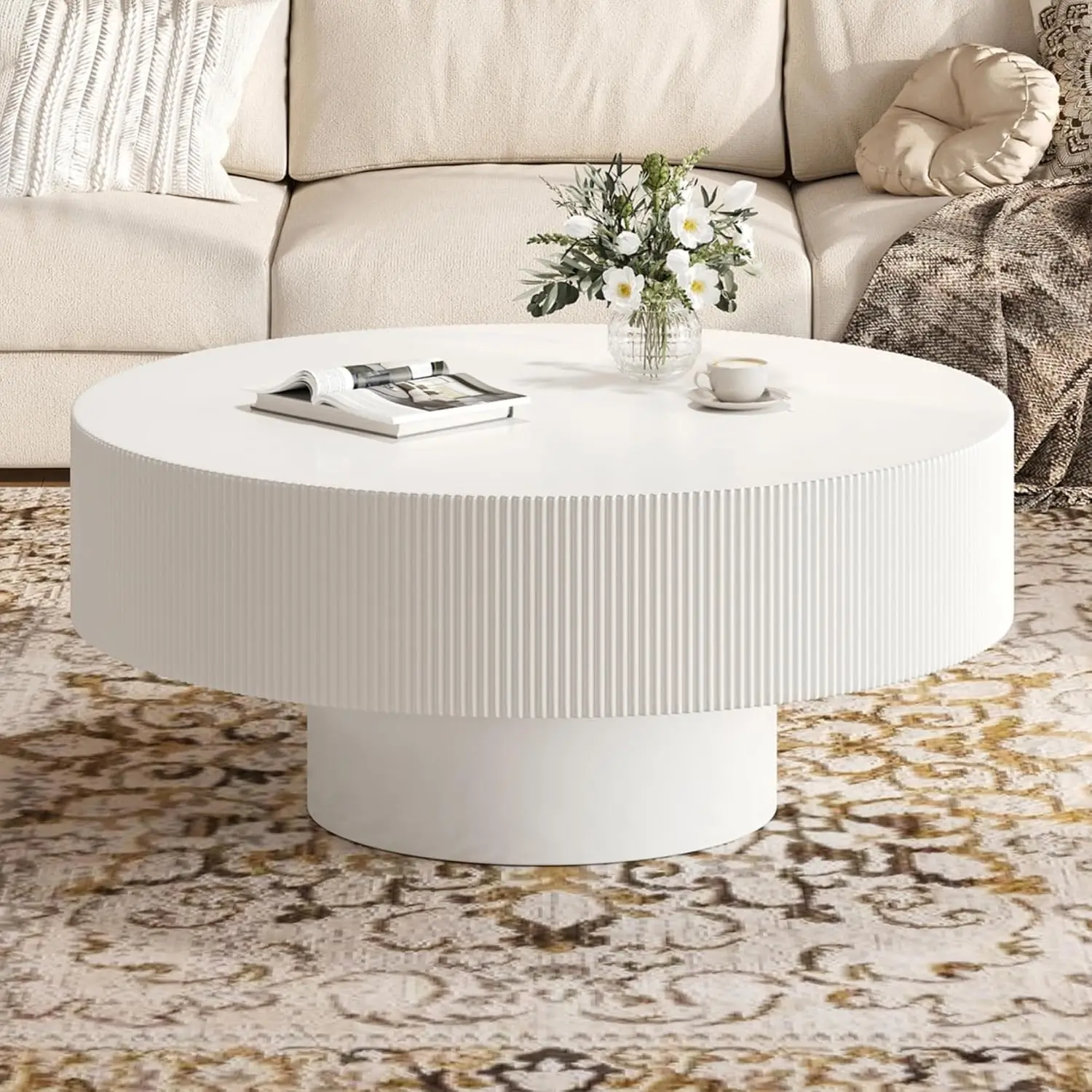 Fluted Circle Coffee Table for Living Room, 35