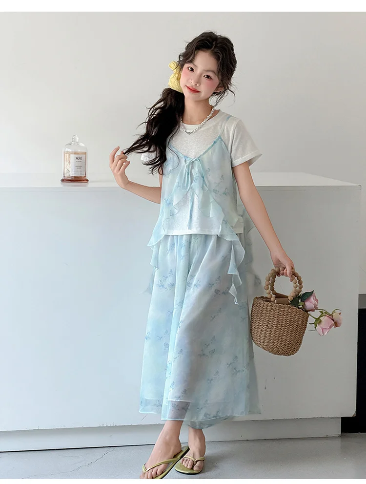 Dreiteiliges Set für Mädchen, Sommer-Kurzarm-T-Shirt, Rüschen-Camisole und Hose mit weitem Bein, leichte, atmungsaktive Kinderkleidung – Detail 7