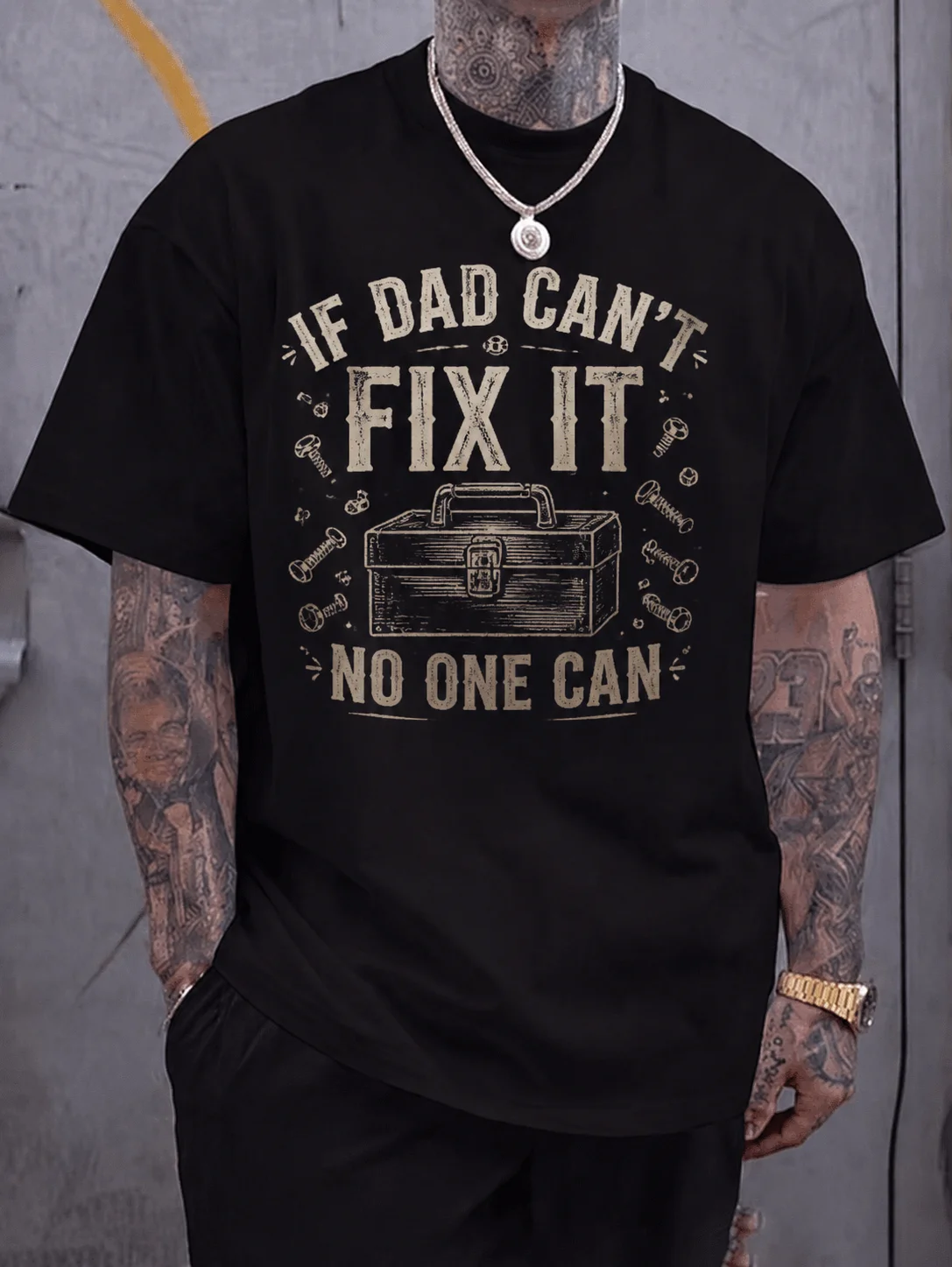 

Men Graphic t Shirt Short Sleeve Classic Fit Vintage Toolbox Dad Fix It Slogan Print Garage Workwear Streetwear Outdoor Daily