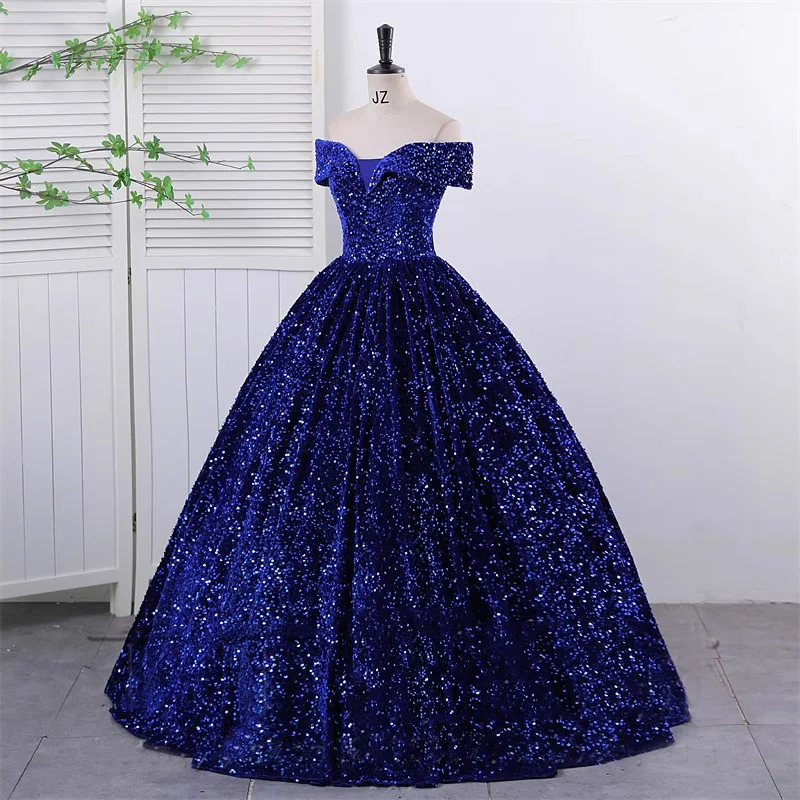 Real Photo Elegant Off Shoulder Sequined Blue Quinceanera Dresses Sexy V Nedck For Party Prom Dress Ball Gown Vintage Plus Szie