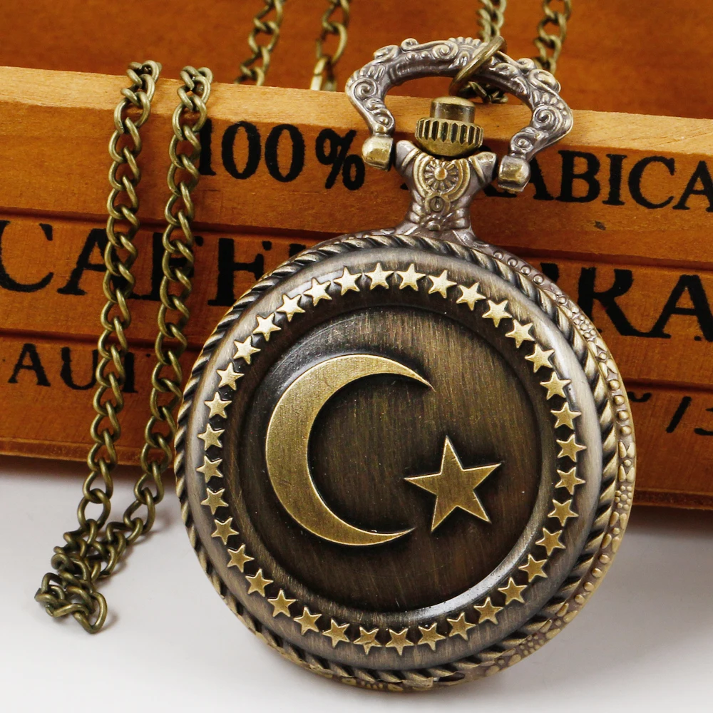 Retro Bronze Flag Design Moon Star Circle Quartz Antique Pocket Watch Punk Necklace Pendant Clock for Men Women