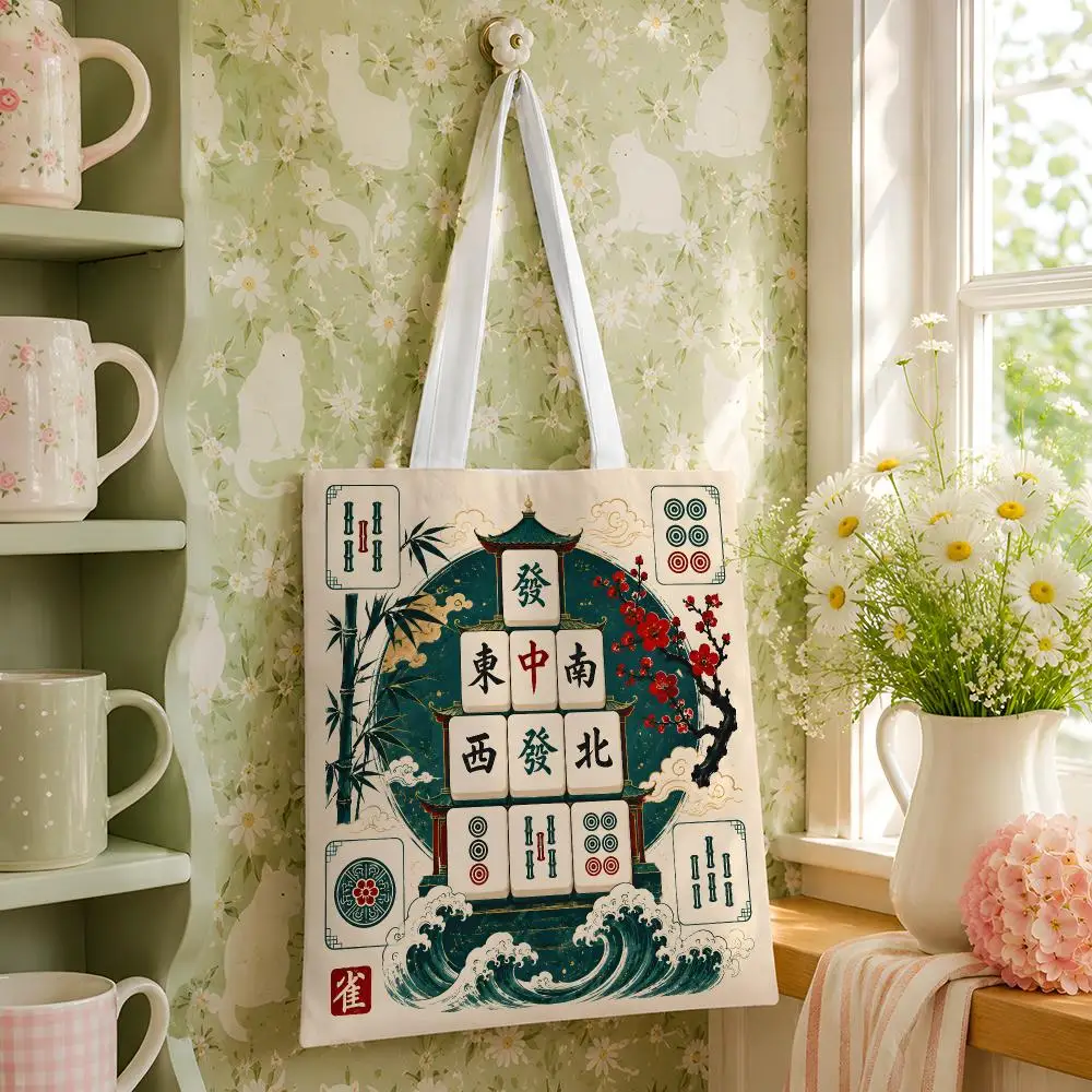 LUCKY MAHJONG CLUB Storage Bags Reusable Canvas Tote Large Capacity Shoulder Carry For Shopping Travel Work School