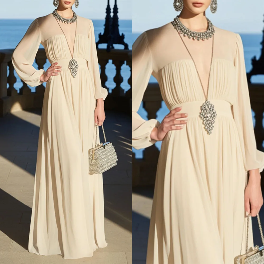 

High Quality Customized Full Sleeves Tulle Floor Length Pleat A-line Woman Vestidos Elegantes Para Mujer Dress for Women فستان