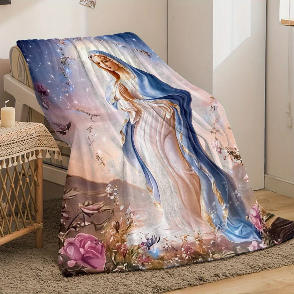 Virgin Mary & Floral Print Soft Flannel Throw Blanket - Lightweight, Warm for Sofa, Travel, Camping, Office Chair