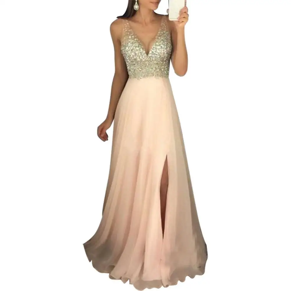 Robe longue à col en V profond à paillettes pour femmes, robe de soirée à la mode, jupe sexy