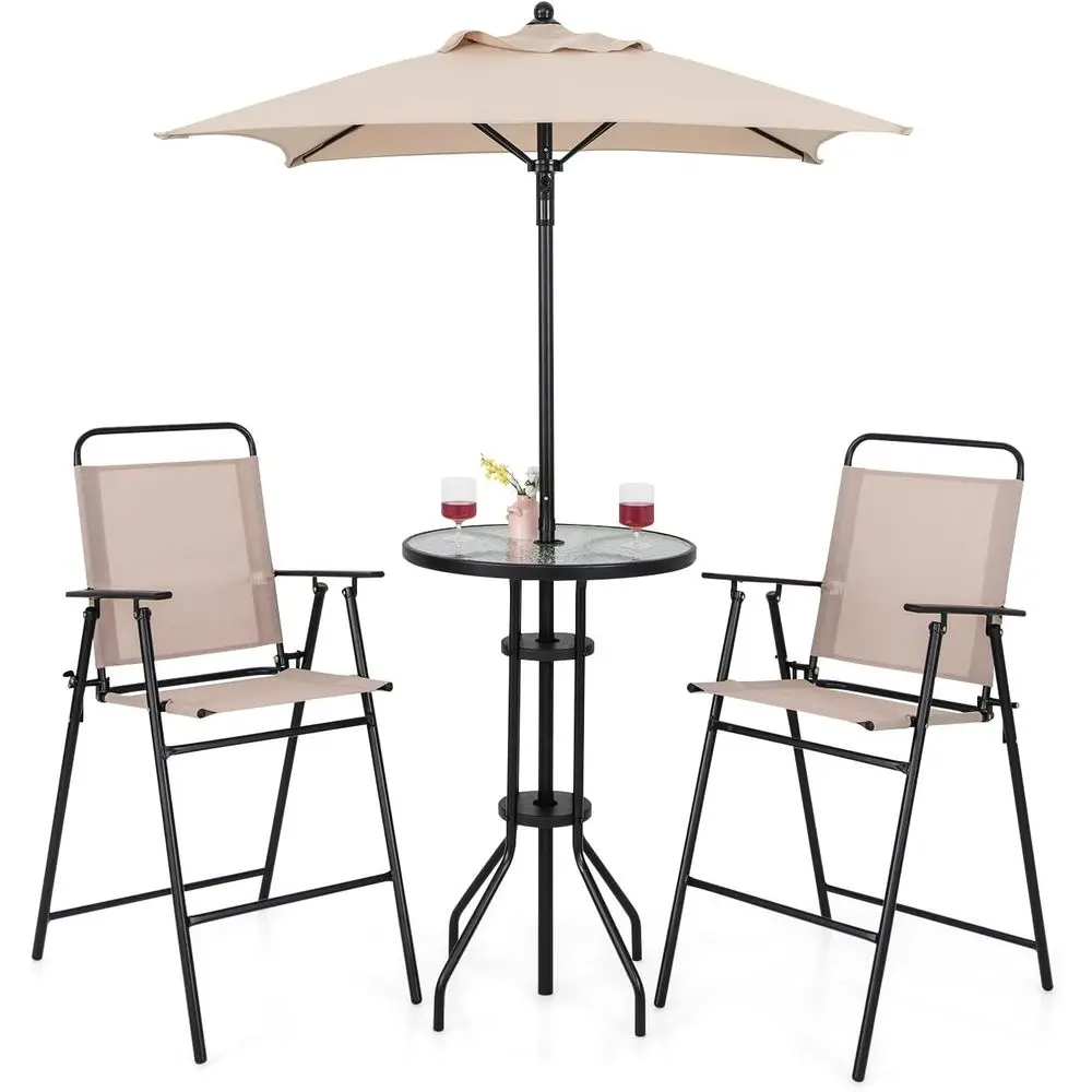 Round High Top Outdoor Bar Set with 2 Counter Height Chairs, Tempered Glass Top, Beige