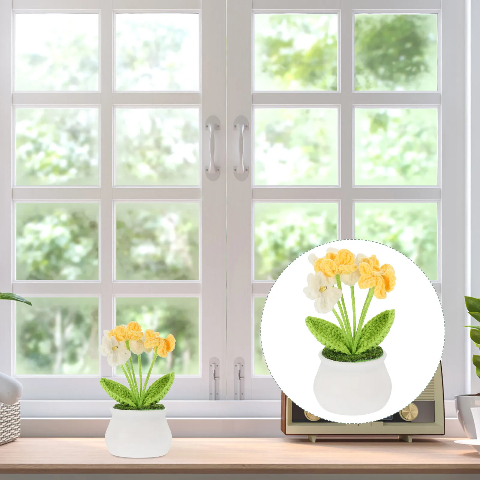 

Simulation Lily Crochet Potted Flower Decor Artificial Bonsai For Home Office Car Desktop Tabletop Decoration Fake Crochet