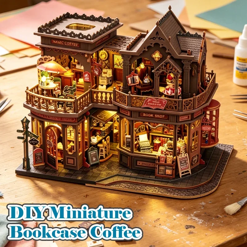 DIY Big Cabin Bookcase Coffee Wooden Miniature Furniture Dollhouse Handmade Model Assembly Toy for Children Girls Birthday Gifts