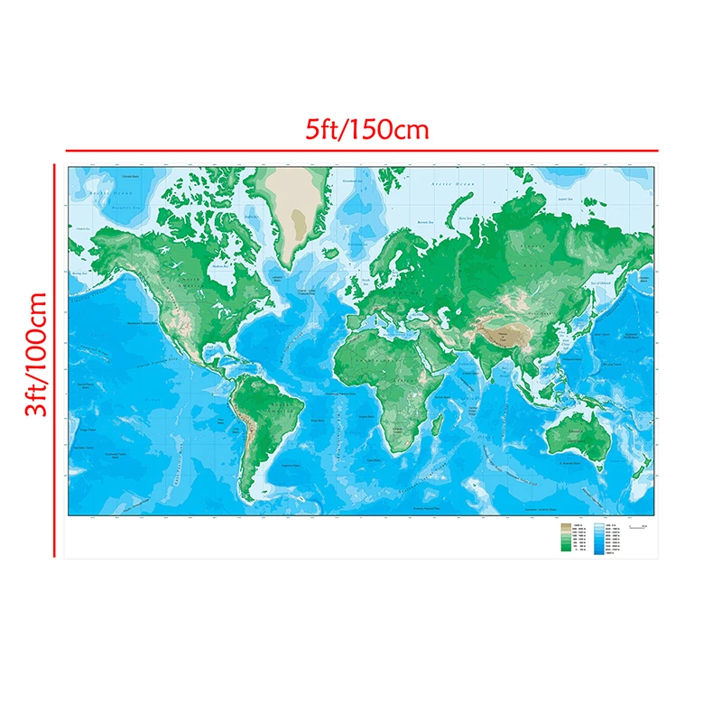 150x100cm World Elevation Map Foldable Non-woven for Geological Research School Education World Map Poster Supplies