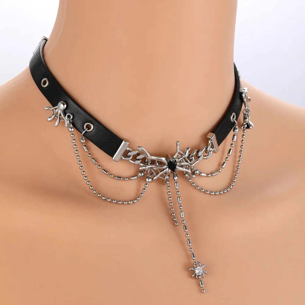 DarkWind Spider web Hottie Subculture Niche design sense Sweet Cool Punk Individuality Originality Tassel Leather Pendant Choker