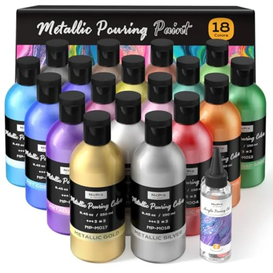 

45oz Metallic Acrylic Pour Paint Supplies Kit, Large Volume Ready to Pour Premixed High Flow Pouring Paint Set with Silicone Po
