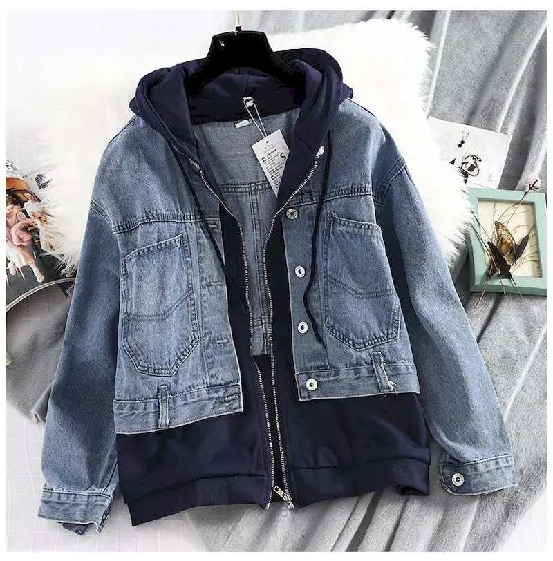 Patchwork Fake Two-piece Hoodies Women Spring Autumn Trend Hooded Denim Jacket Fashion Fried Street Loose Zip Up Cardigan Hoodie