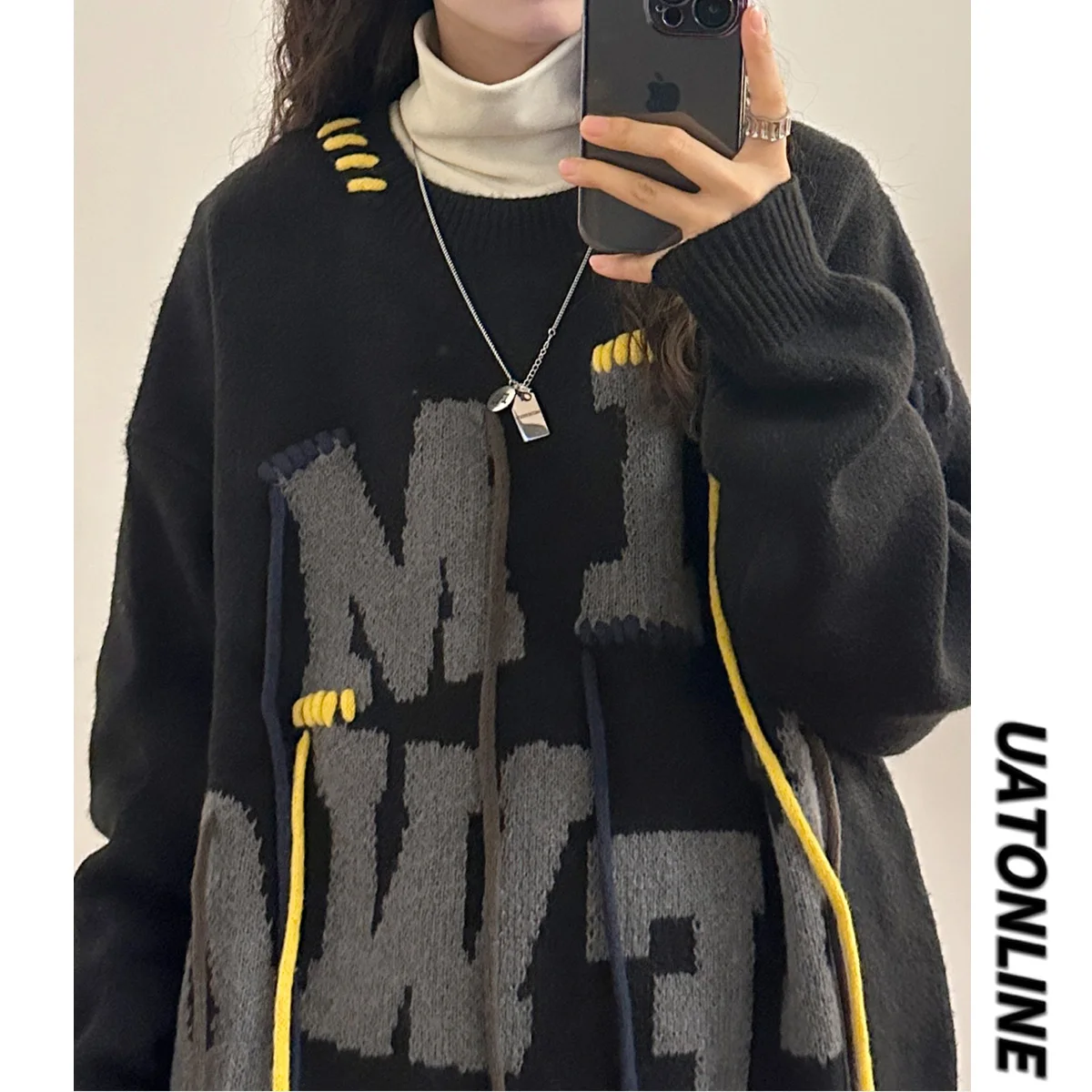 

UATONLINE американский вязаный свитер в стиле ретро, круглый повседневный топ с буквами для женщин, уличный топ, осень-зима, модный тренд