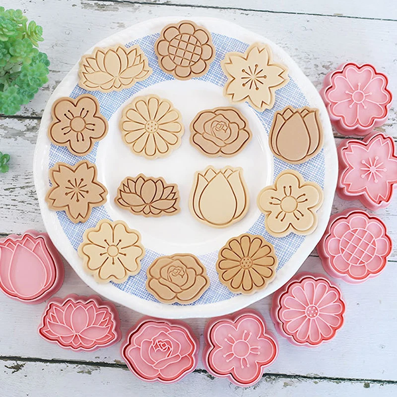 8Pcs/Set Flower Shape Cookie Cutters 3D Plastic Biscuit Mold Cookie Stamp DIY Fondant Cake Mould Kitchen Baking Pastry Bakeware