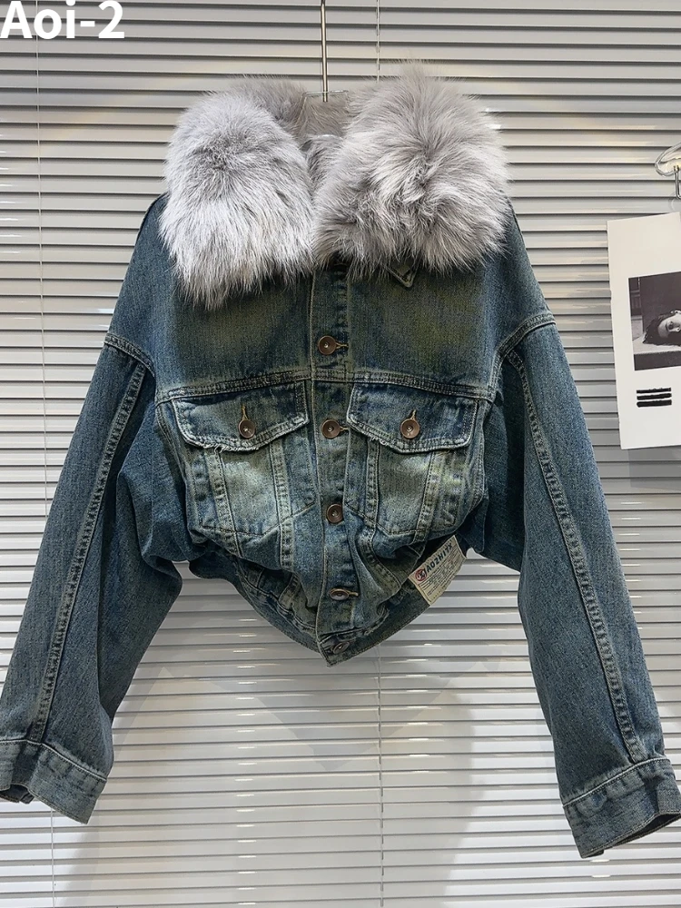 

Vintage Street Winter Denim Coat Women's 2023 High Quality Fox Fur Collar With Rabbit Liner Washed Loose Warm Jacket