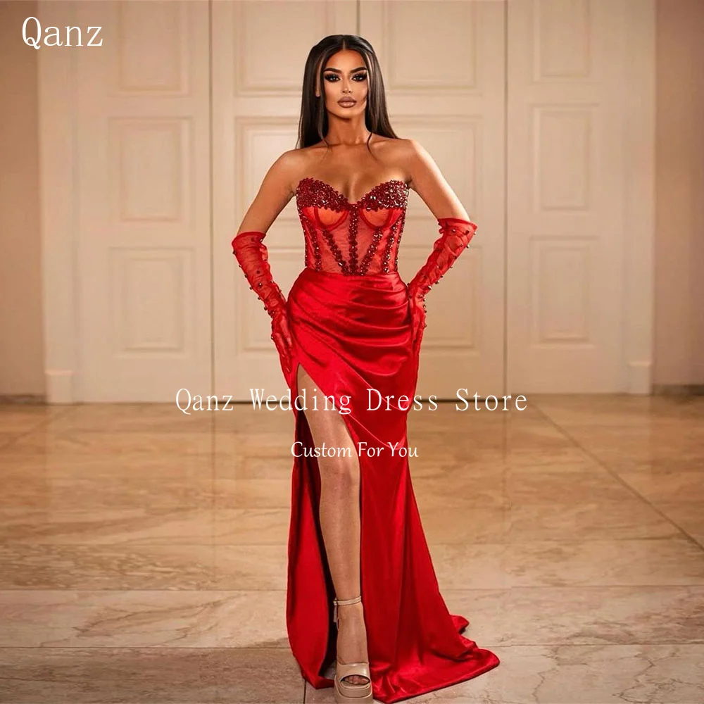 

Qanz Luxury Mermaid Evening Dresses Woman Elegant Red Beadings High Side Slit Prom Gown Satin Mermaid Lace Up Back Party Dress