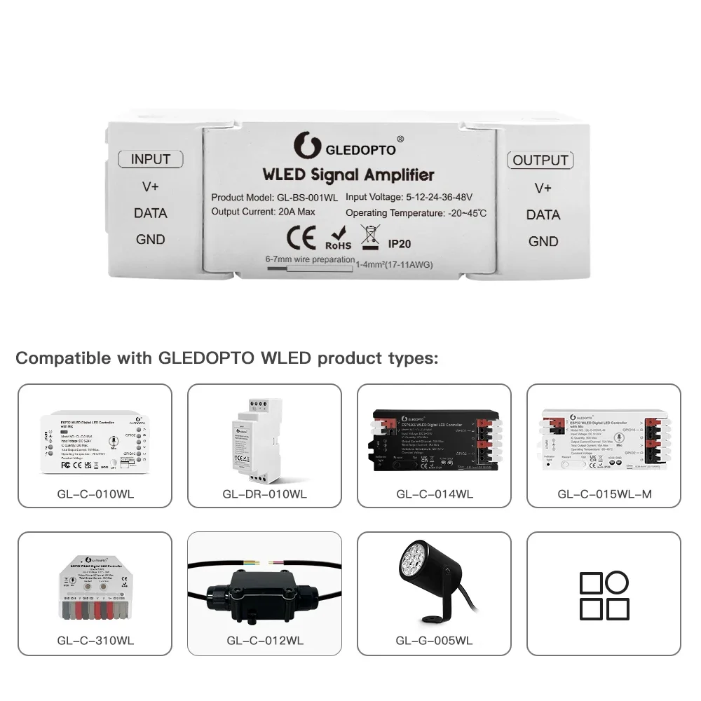 GLEDOPTO WLED Signal Amplifier 5-48V 10M Extension for WS2811 WS2812 SK6812 RGBIC Digital LED Strip Light Controller