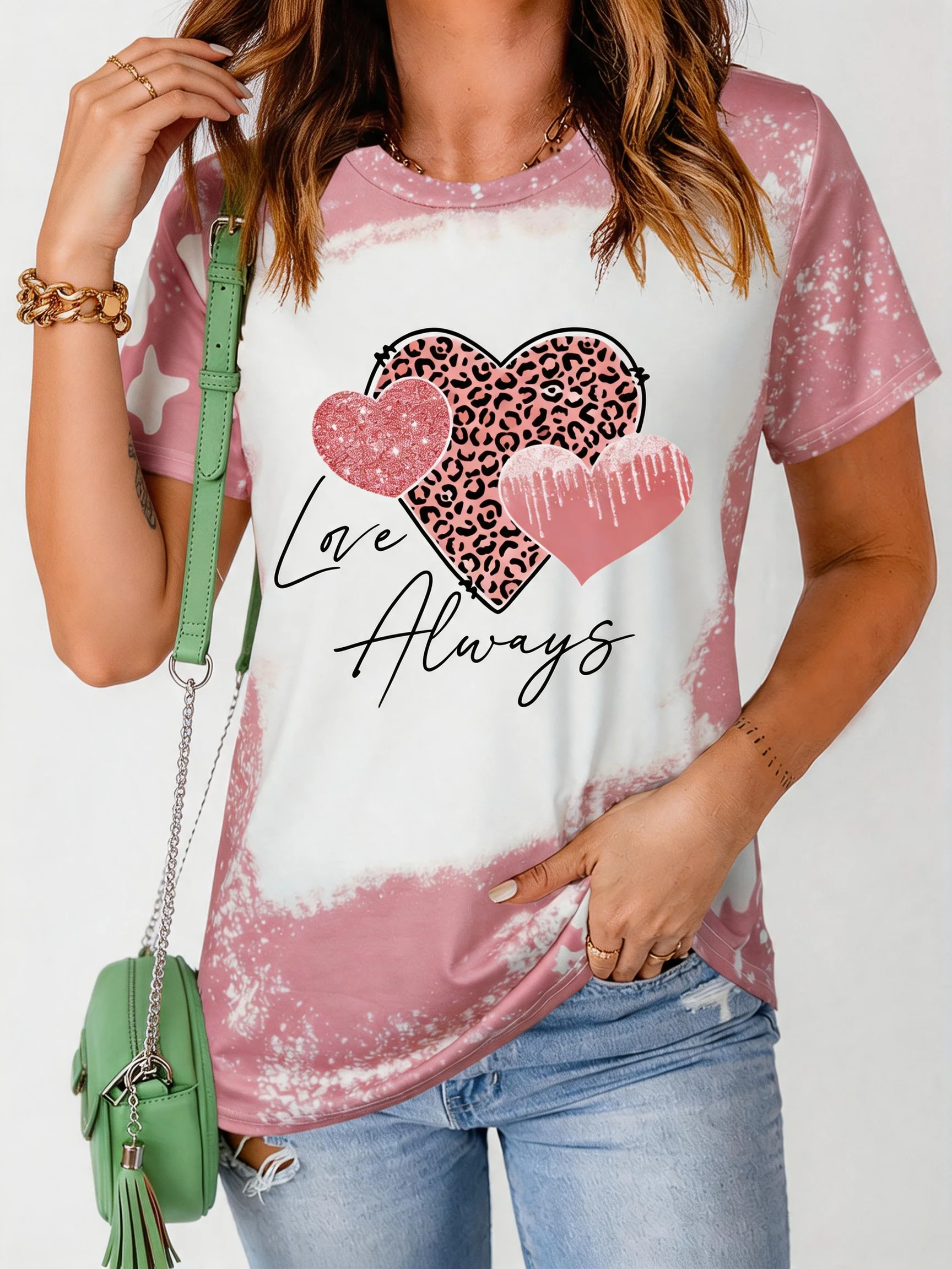 Plus Size Women Heart Leopard Print T-shirt Round Neck Short Sleeve Stretchy Casual Ladies Tee Top