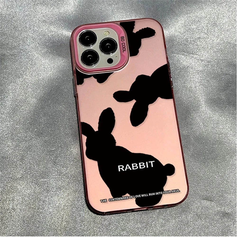 Cute Black Rabbit Phone Case for iPhone 15 16 Plus 11 12 13 14 Pro Max XR Anti-Fingerprints Hard IMD Plastic Laser Matte Cover image 5