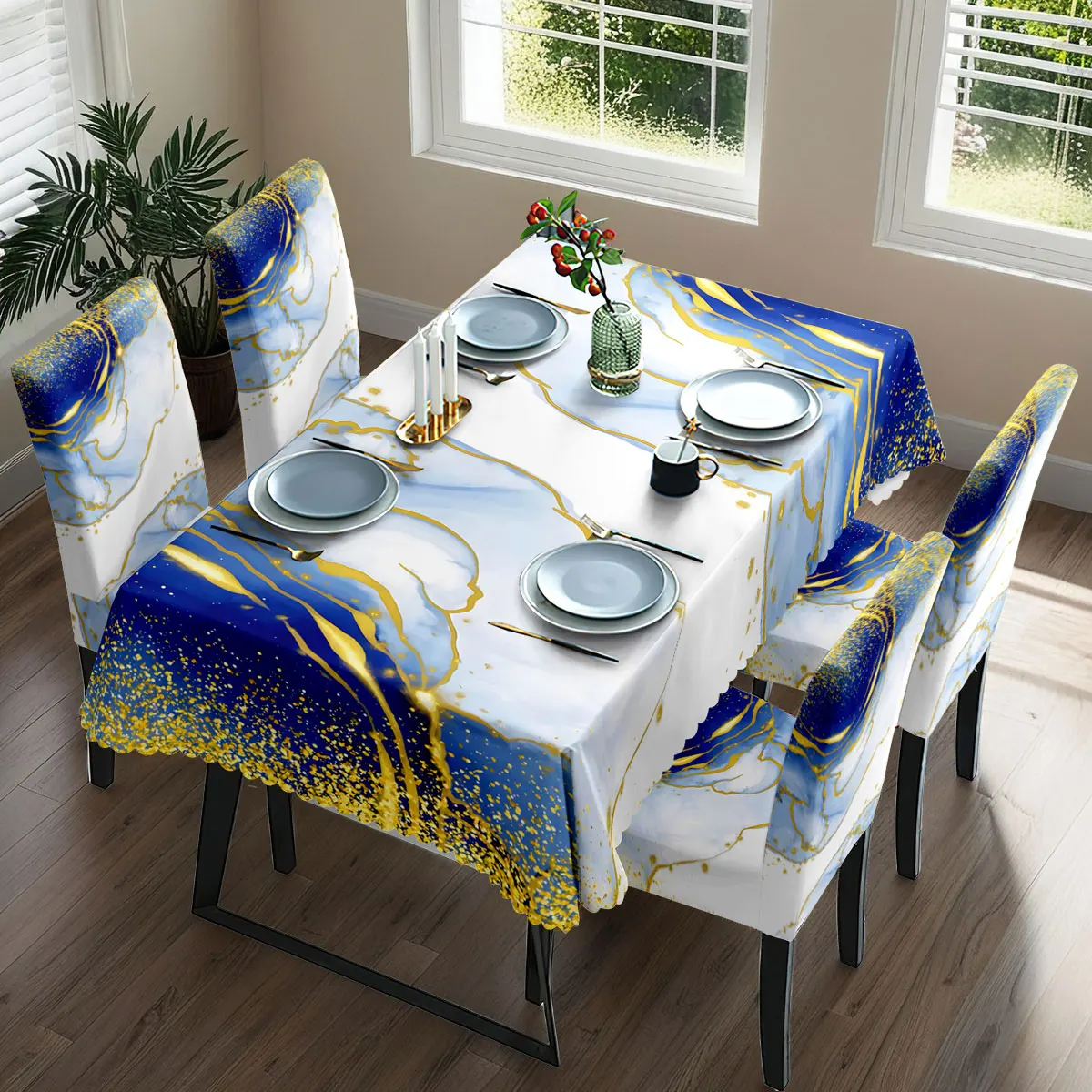 

5/7pcs Blue Gold Marble Tablecloth Elastic Chair Covers Set Luxury Home Decor