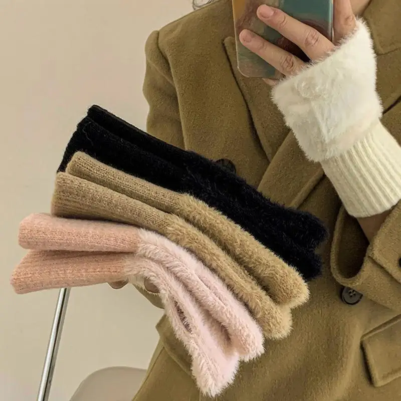 

Mink Fleece Soft Winter Half Finger Gloves Wrist Mittens Writting Women Warm Luxury Solid White Plush Knitted Fingerless Gloves