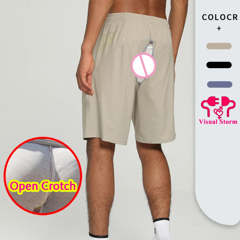 Summer Thin Men Invisible Zipper Open Crotch Pants Shorts Sports Quick Dry Gym Casual Black Exercise Crotchloess Loose Trousers