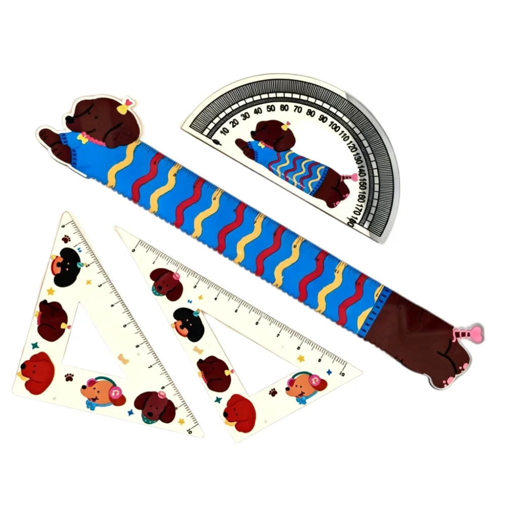 4pcs Cute Sausage Dog Ruler Set Kawaii Acrylic Ruler Triangle Ruler Angle Measuring Tool Student Drawing Measurement Stationery