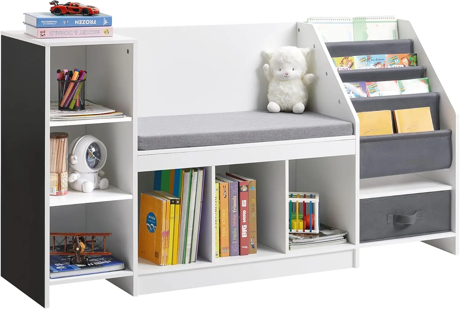 Kids Reading Nook with Sling Bookshelf, Toy Organizer with Bench and Black Board, 5 in 1 Kids Bookcases for Nursery