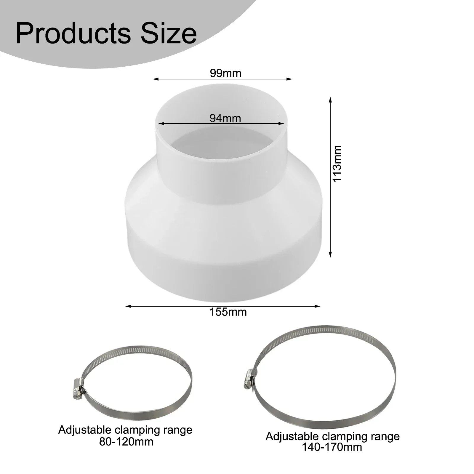 Round Ducting Reducer Pipe Connect Joint 150mm To 100mm With Stainless Hose Clip Exhaust Duct Reducing Joint Pipe Fittings