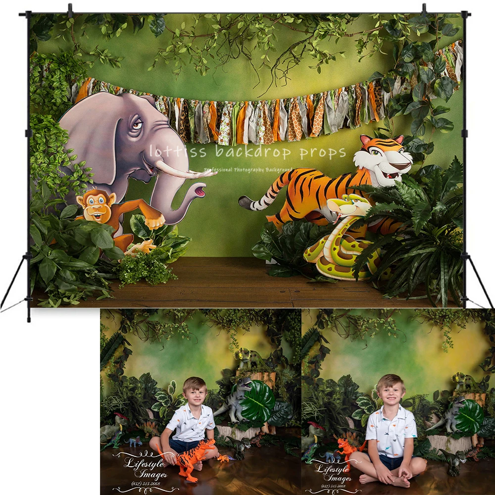 

Jungle Story Backdrops Kids Baby Birthday Cake Smash Photography Props Child Adult Photocall Decors Forest Animals Background