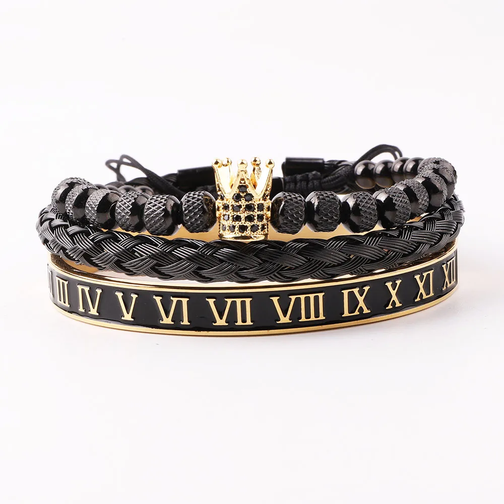 High Quality Stainless Steel Black Enamel Roman Bangle CZ Crown Charm Adjustable Bracelet Set