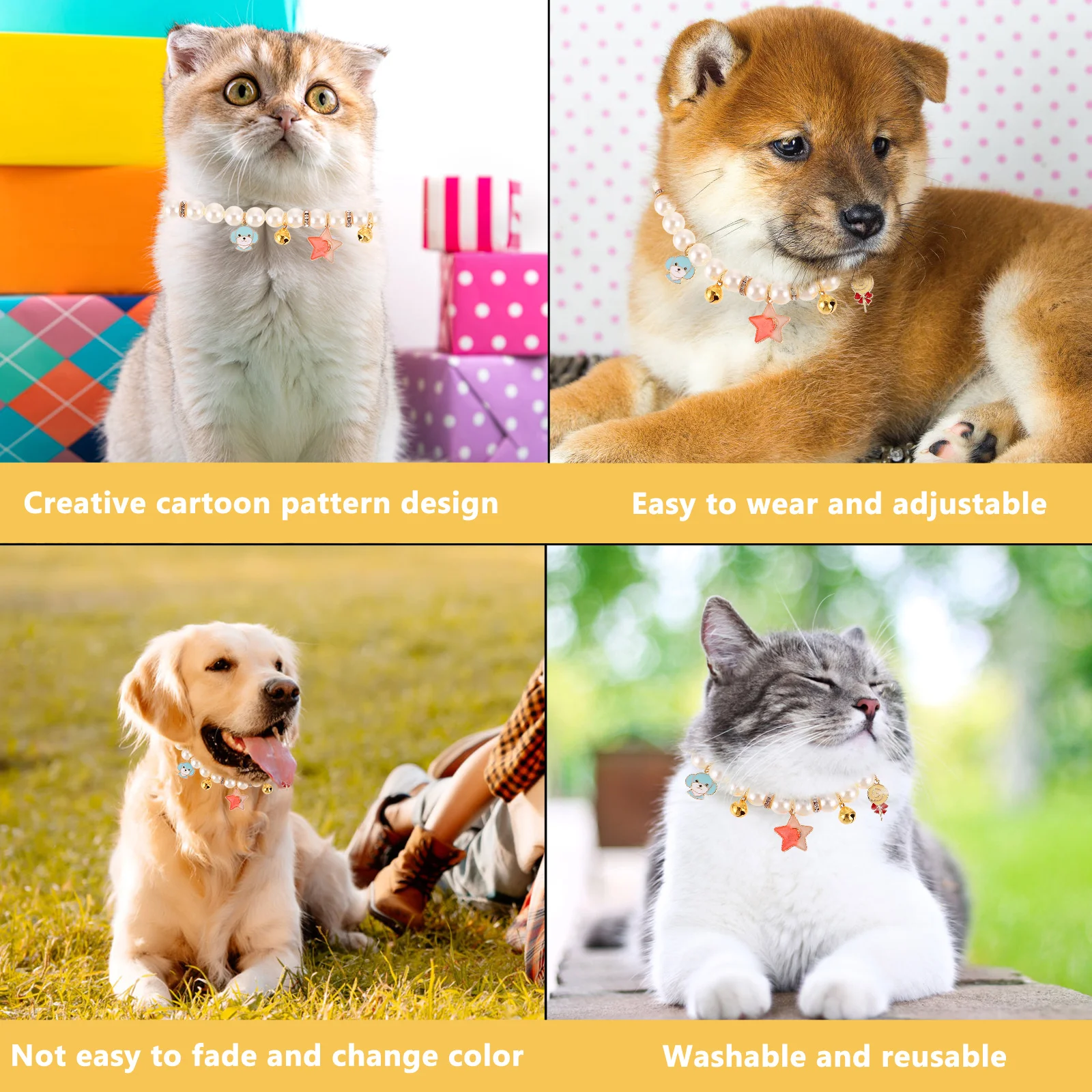 

Pearl Necklace Pet Ornament Adjustable Collar Ringing Bell Cat Plastic Kitten Collars